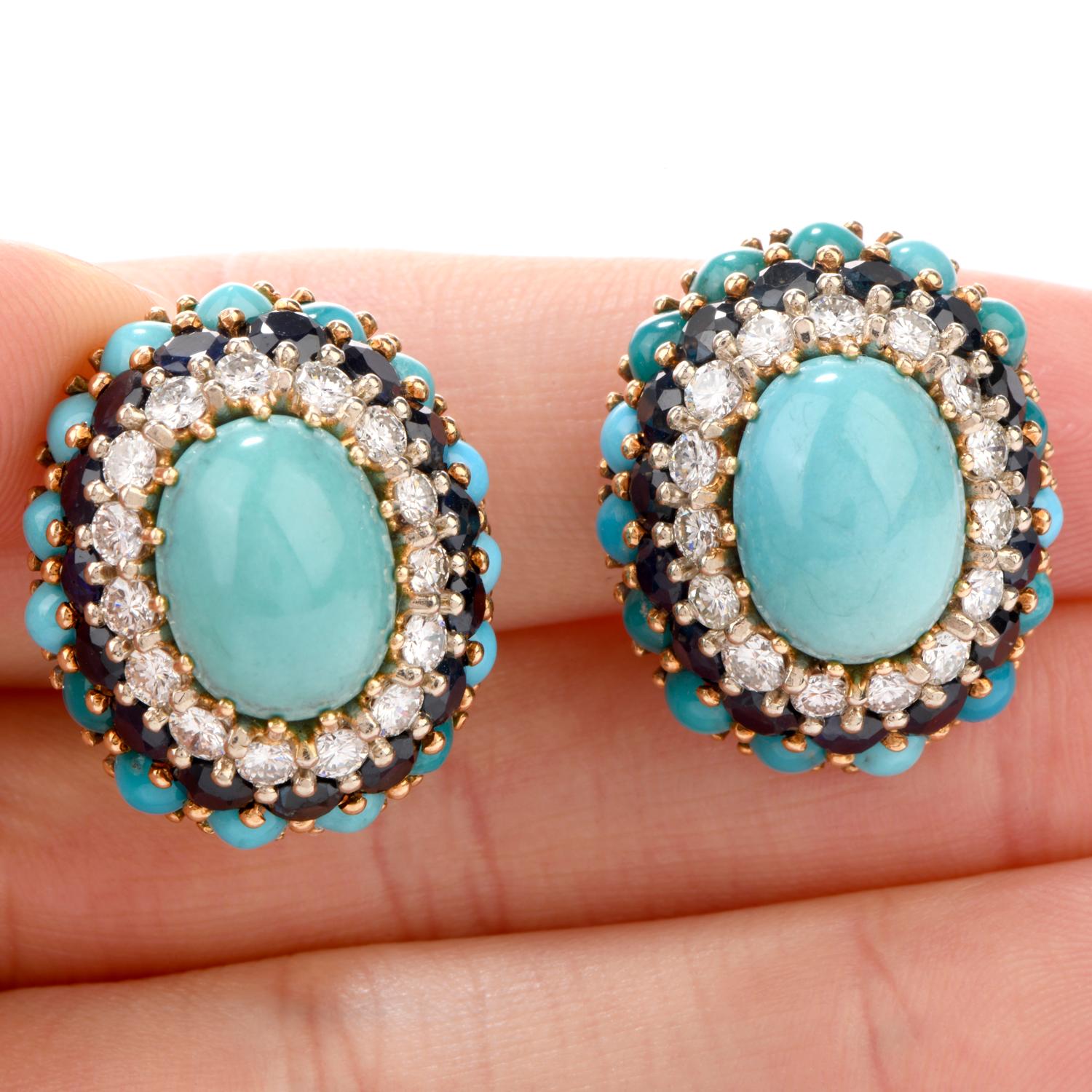 These vintage 1960's Clip On Earrings were inspired in a halo design and crafted

in 18K yellow gold.  Adorning the center is two  oval  cabochon cut Turquoise

measuring appx. 9.9 x 12.8mm, weighing approx 11.10 carats in total.

The inside halo