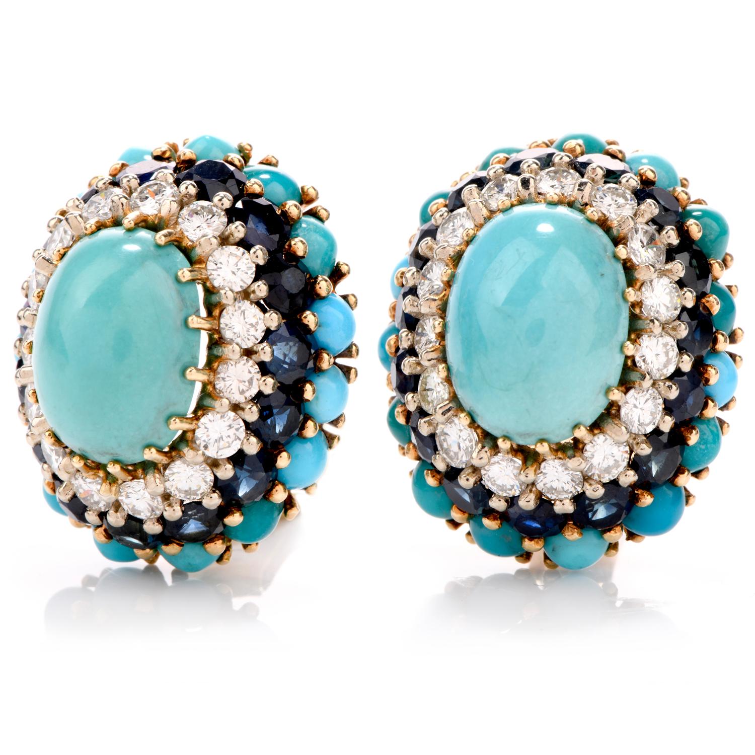 Cabochon 1960s Diamond Sapphire and Turquoise 18 Karat Clip-On Earrings