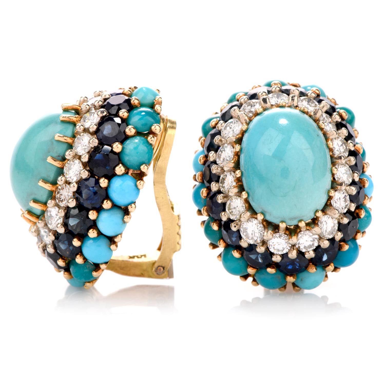 1960s Diamond Sapphire and Turquoise 18 Karat Clip-On Earrings In Excellent Condition In Miami, FL