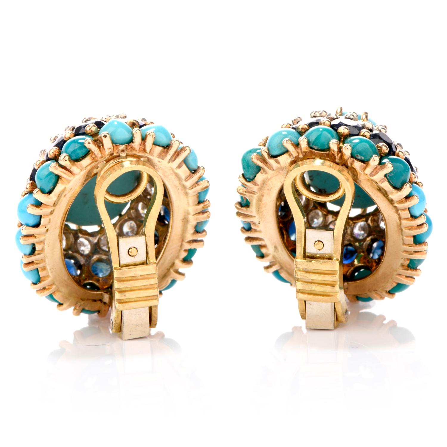 Women's 1960s Diamond Sapphire and Turquoise 18 Karat Clip-On Earrings