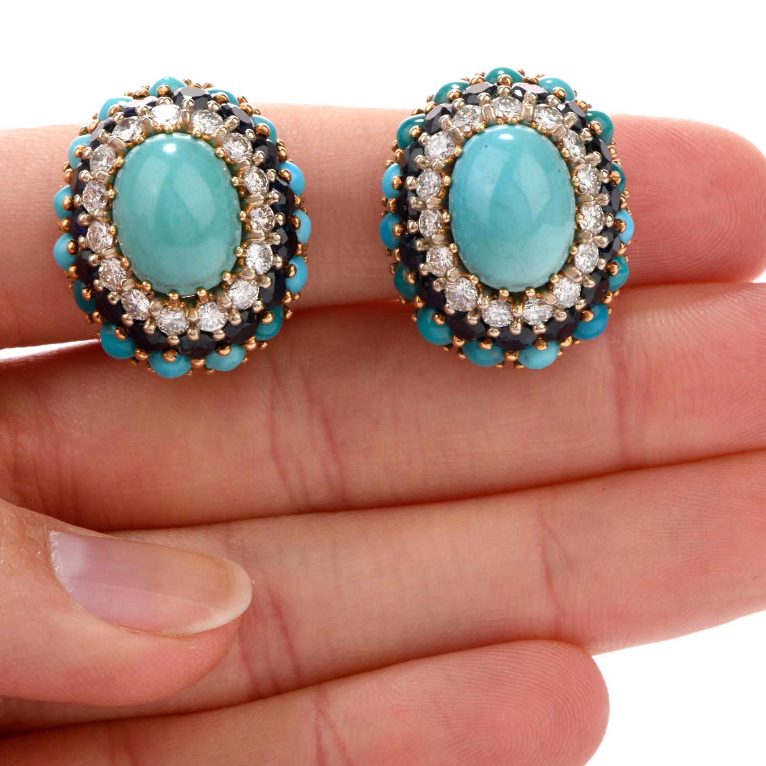 1960s Diamond Sapphire and Turquoise 18 Karat Clip-On Earrings 1