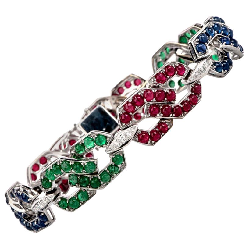 1960s Diamond Sapphire Emerald and Ruby 18 Karat Gold Link Bracelet