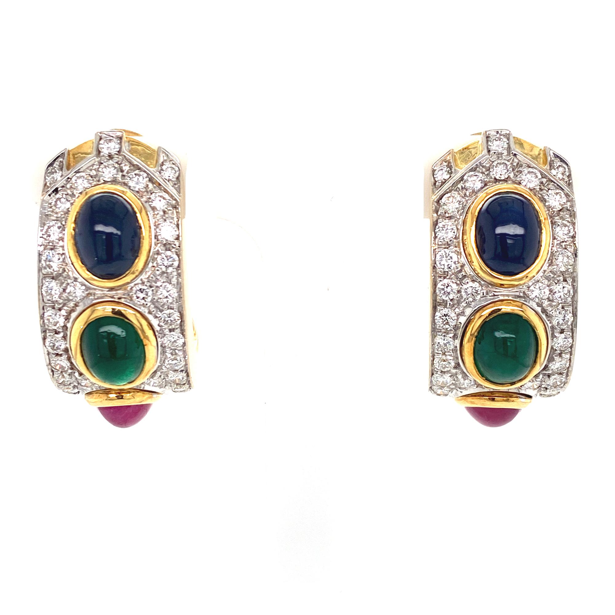 Modern 1960s Diamond Sapphire Emerald Ruby 18 Karat Two-Tone Gold Earrings
