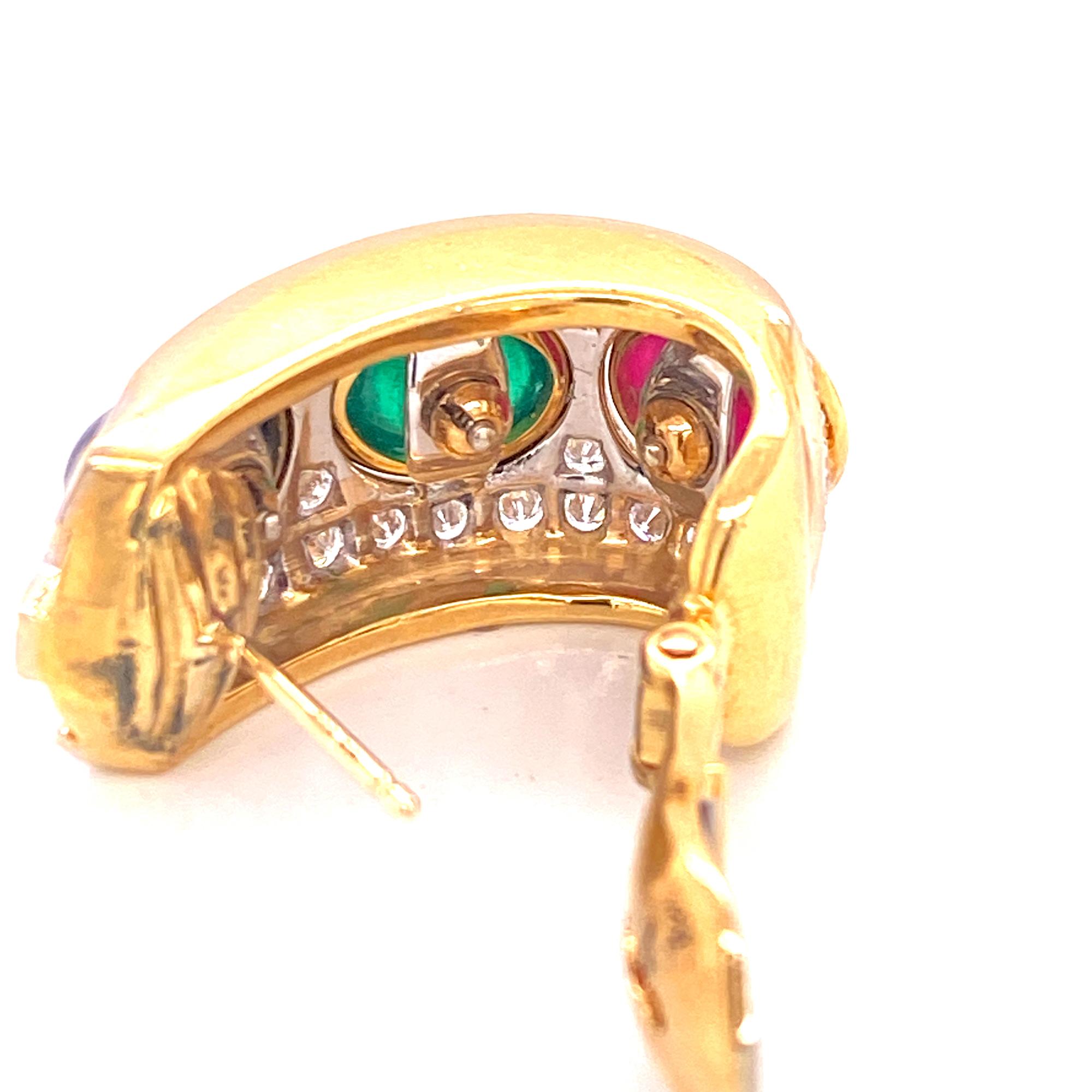 Round Cut 1960s Diamond Sapphire Emerald Ruby 18 Karat Two-Tone Gold Earrings