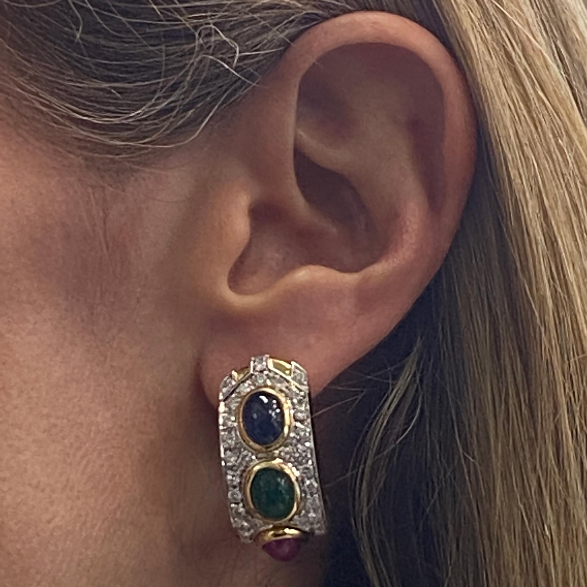 1960s Diamond Sapphire Emerald Ruby 18 Karat Two-Tone Gold Earrings In Excellent Condition In Boca Raton, FL