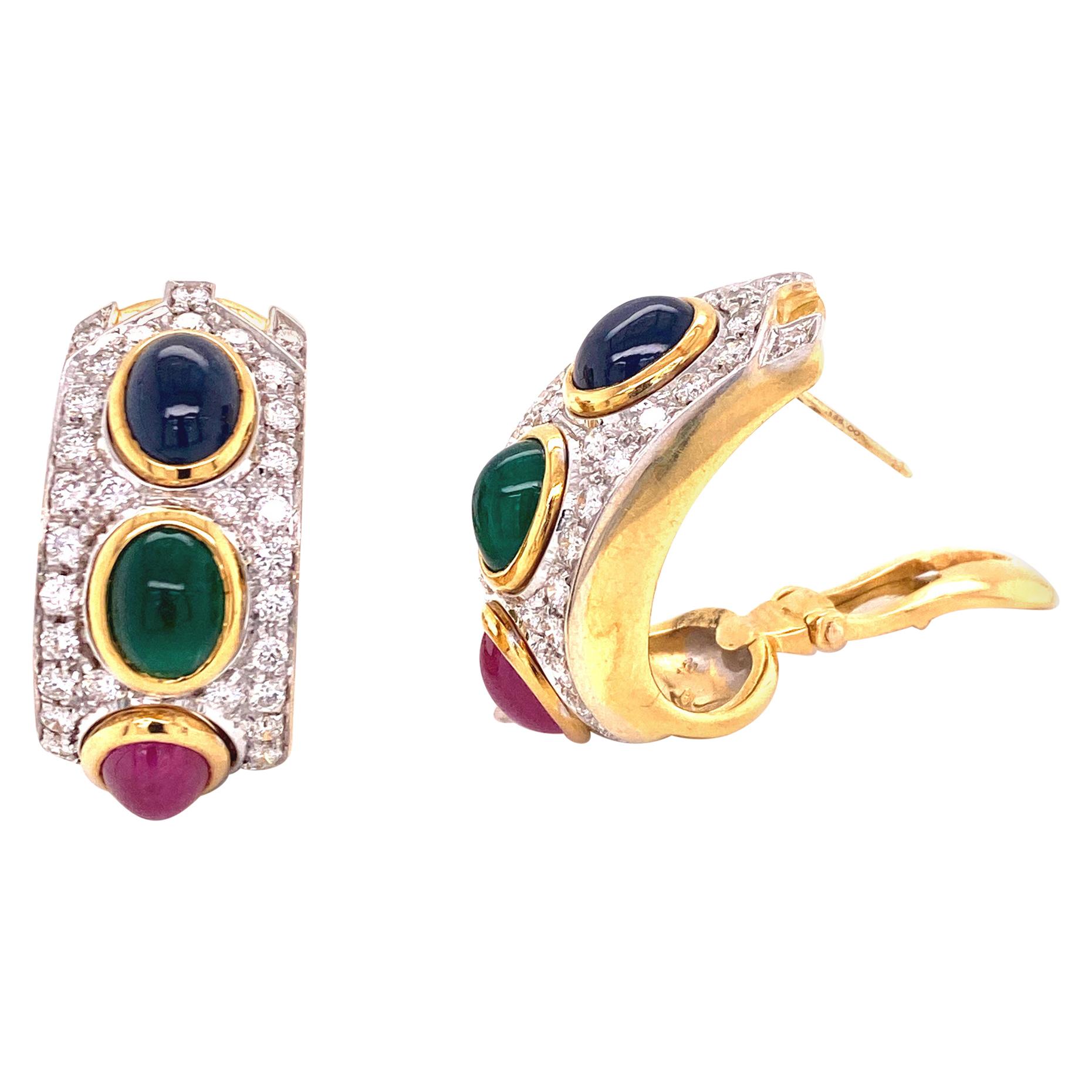 1960s Diamond Sapphire Emerald Ruby 18 Karat Two-Tone Gold Earrings
