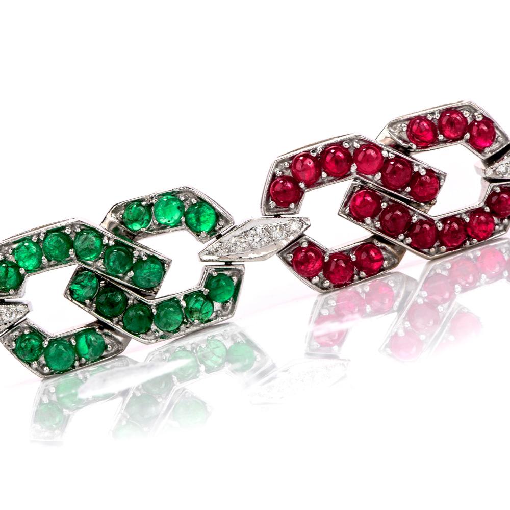 Retro 1960s Diamond Sapphire Emerald and Ruby 18 Karat Gold Link Bracelet