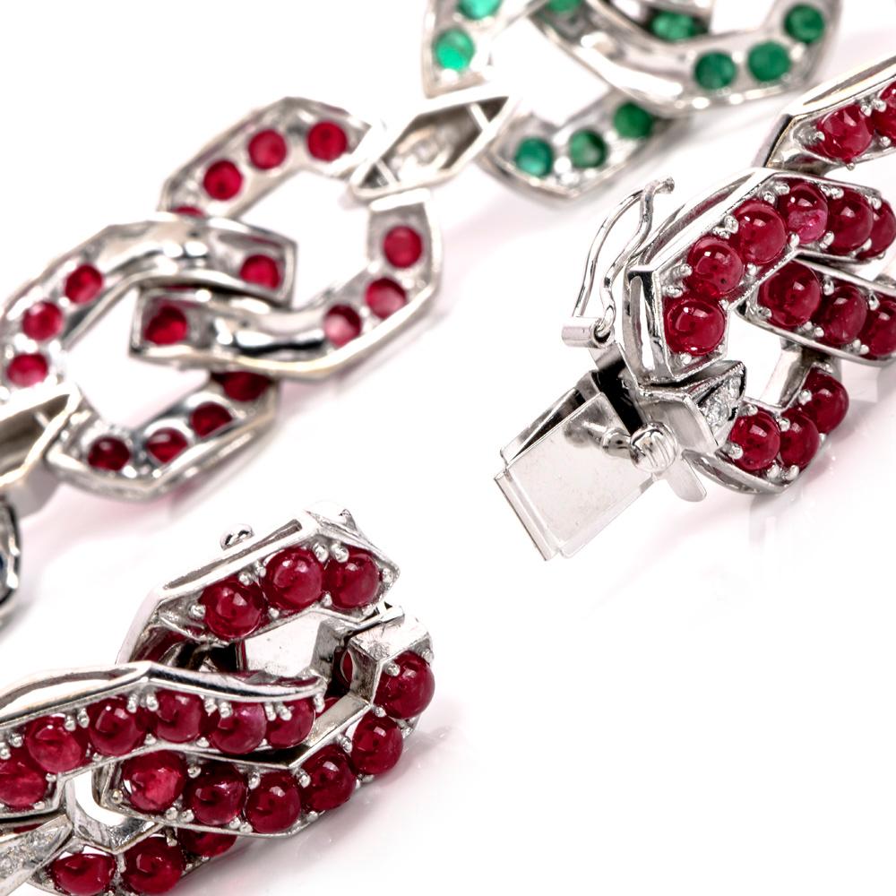 Cabochon 1960s Diamond Sapphire Emerald and Ruby 18 Karat Gold Link Bracelet