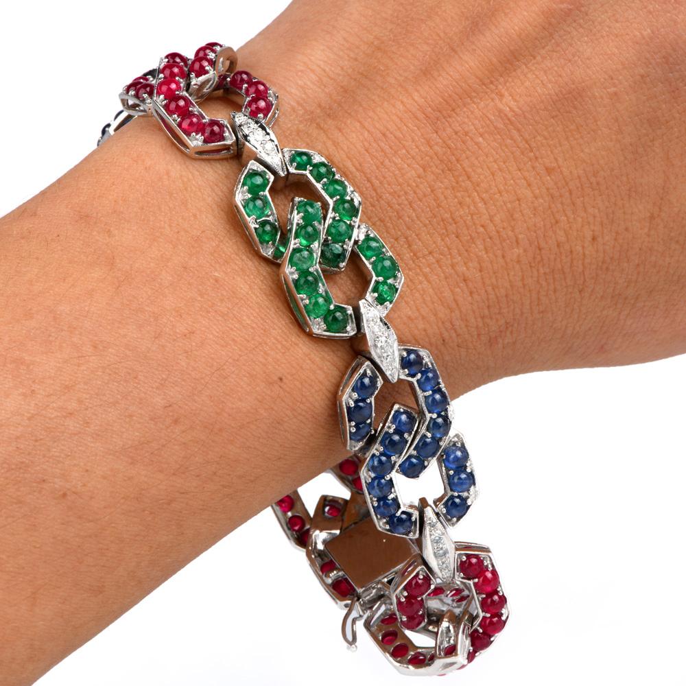 1960s Diamond Sapphire Emerald and Ruby 18 Karat Gold Link Bracelet In Excellent Condition In Miami, FL