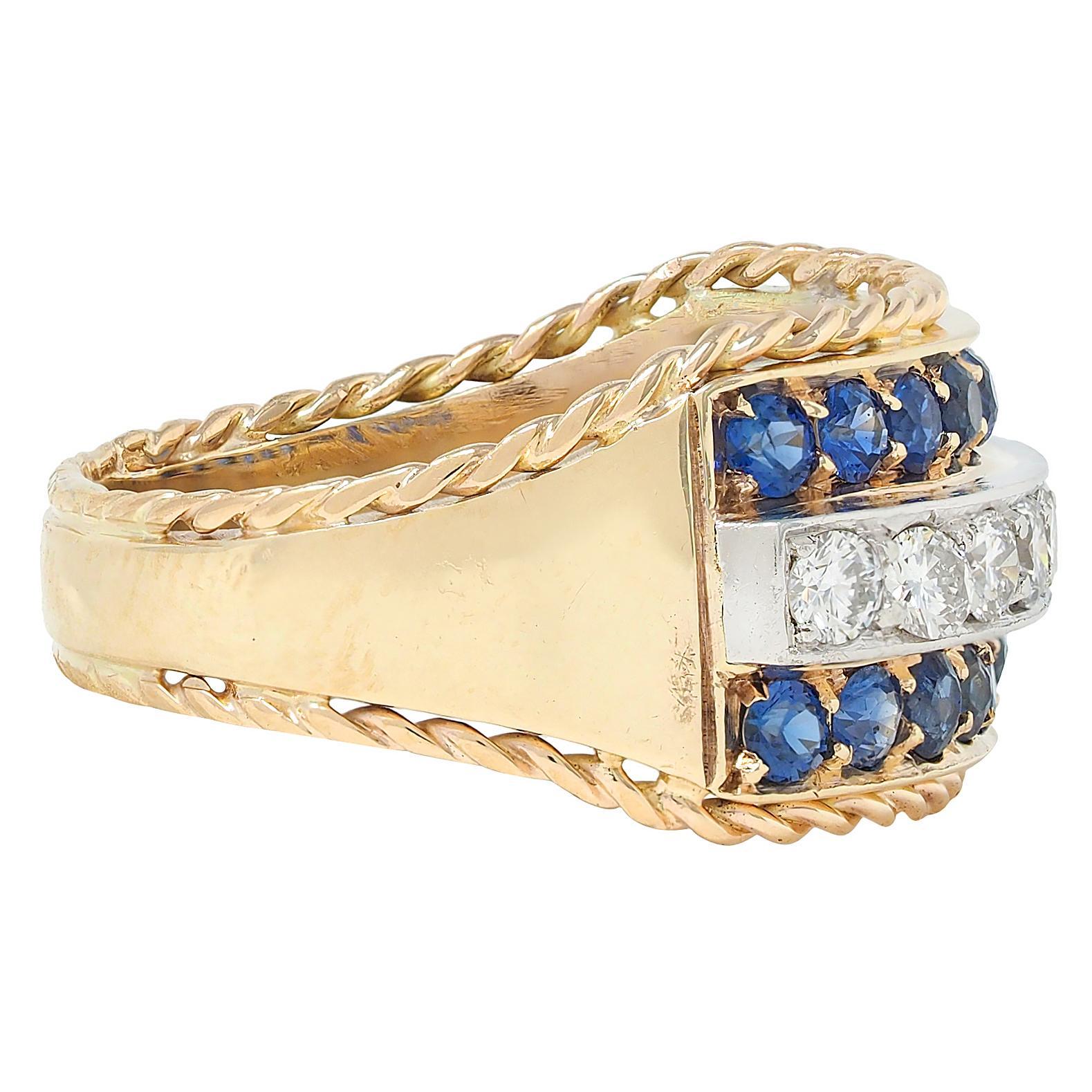 1960er Jahre Diamant Saphir Platin 14K Gold Vintage Twisted Rope Band Ring (Moderne) im Angebot