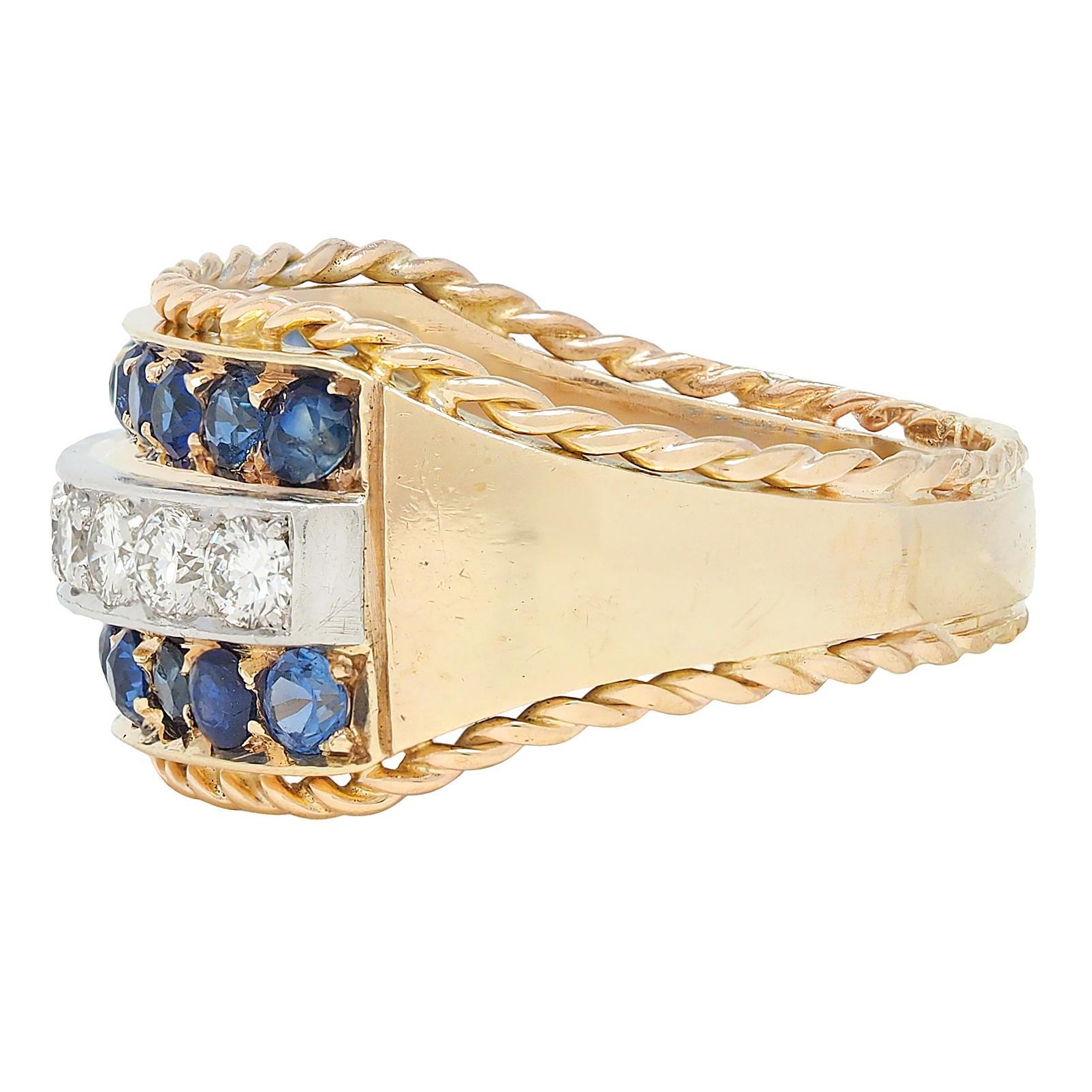 1960er Jahre Diamant Saphir Platin 14K Gold Vintage Twisted Rope Band Ring im Zustand „Hervorragend“ im Angebot in Philadelphia, PA
