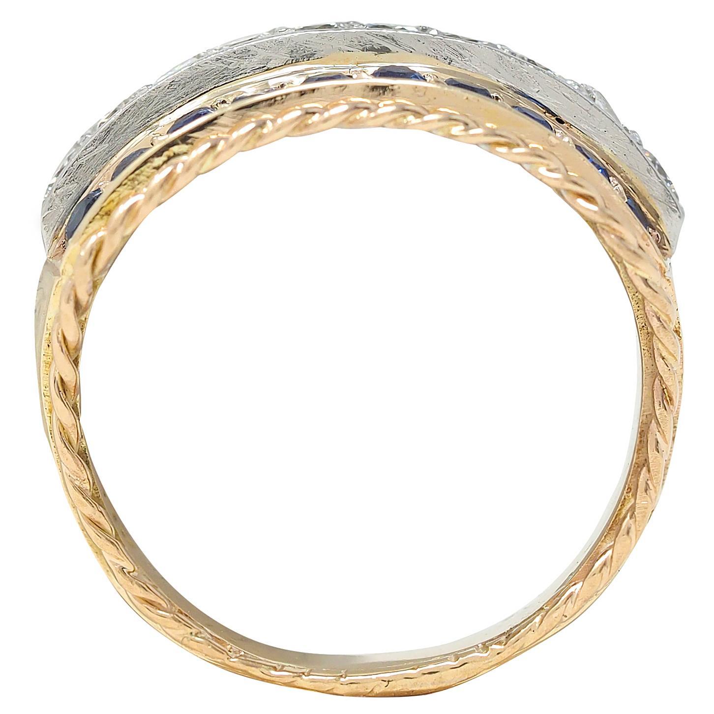1960er Jahre Diamant Saphir Platin 14K Gold Vintage Twisted Rope Band Ring für Damen oder Herren im Angebot
