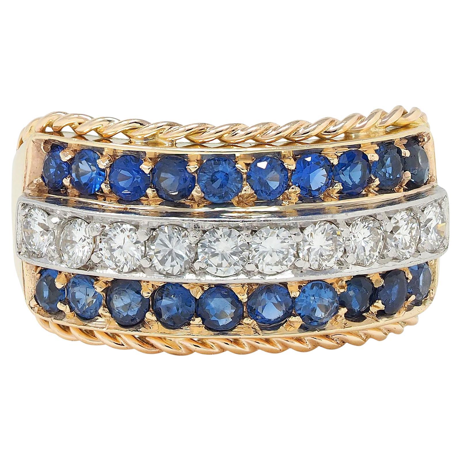 1960er Jahre Diamant Saphir Platin 14K Gold Vintage Twisted Rope Band Ring