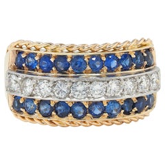 1960's Diamond Sapphire Platinum 14K Gold Vintage Twisted Rope Band Ring