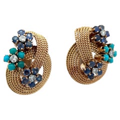 1960's Diamond Sapphire Turquoise 18 Karat Yellow Gold Floral Earclip Earrings 