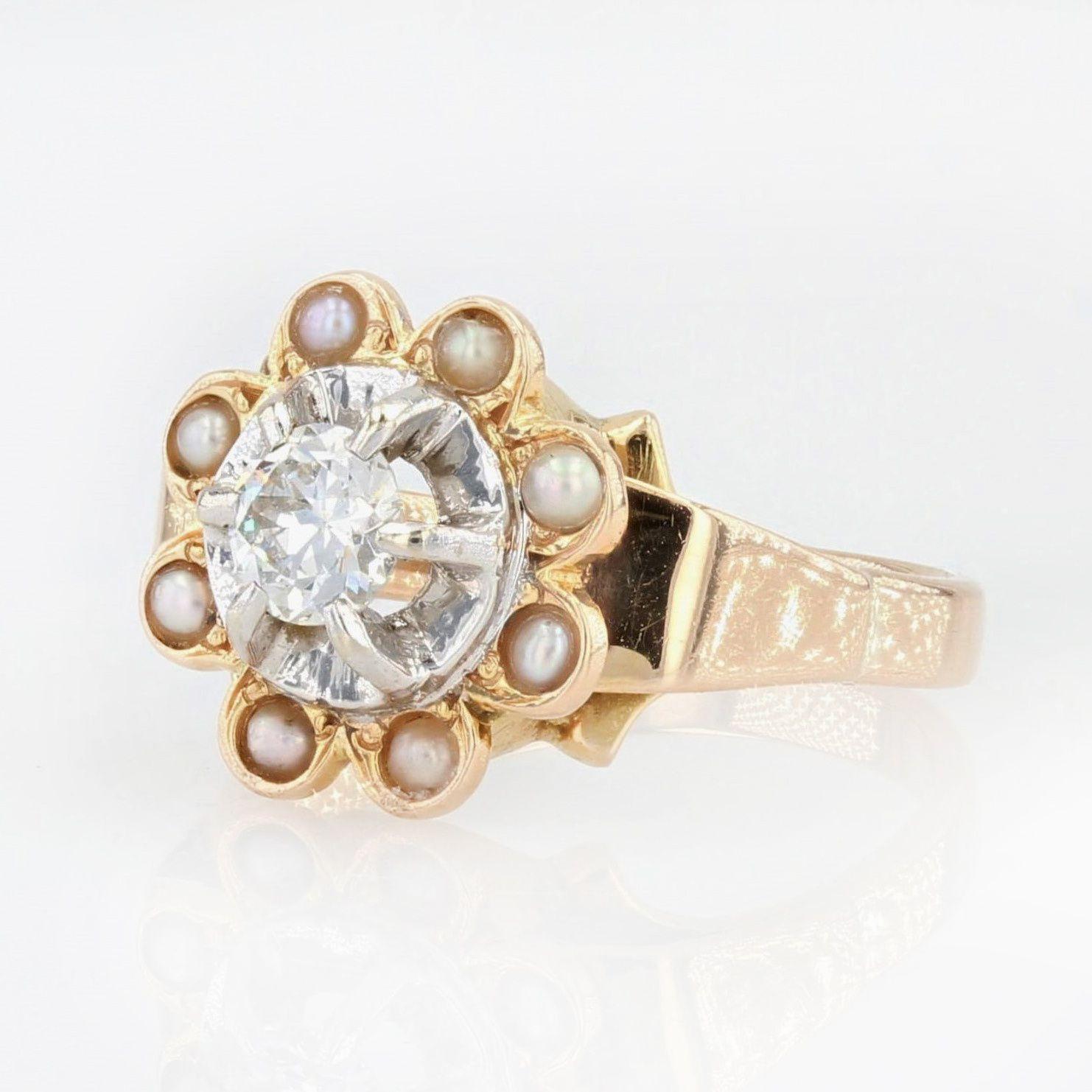 Brilliant Cut 1960s Diamond Surrounded by Cultured Pearls 18 Karat Rose Gold Ring For Sale