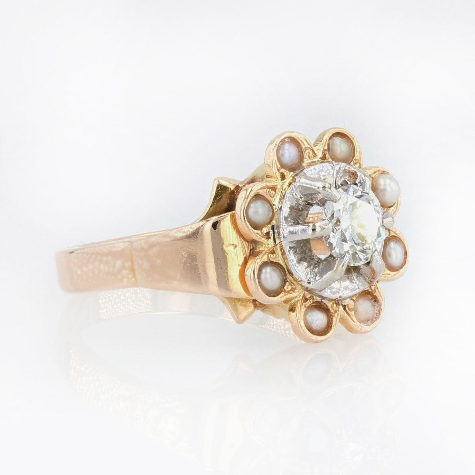 Women's 1960s Diamond Surrounded by Cultured Pearls 18 Karat Rose Gold Ring For Sale
