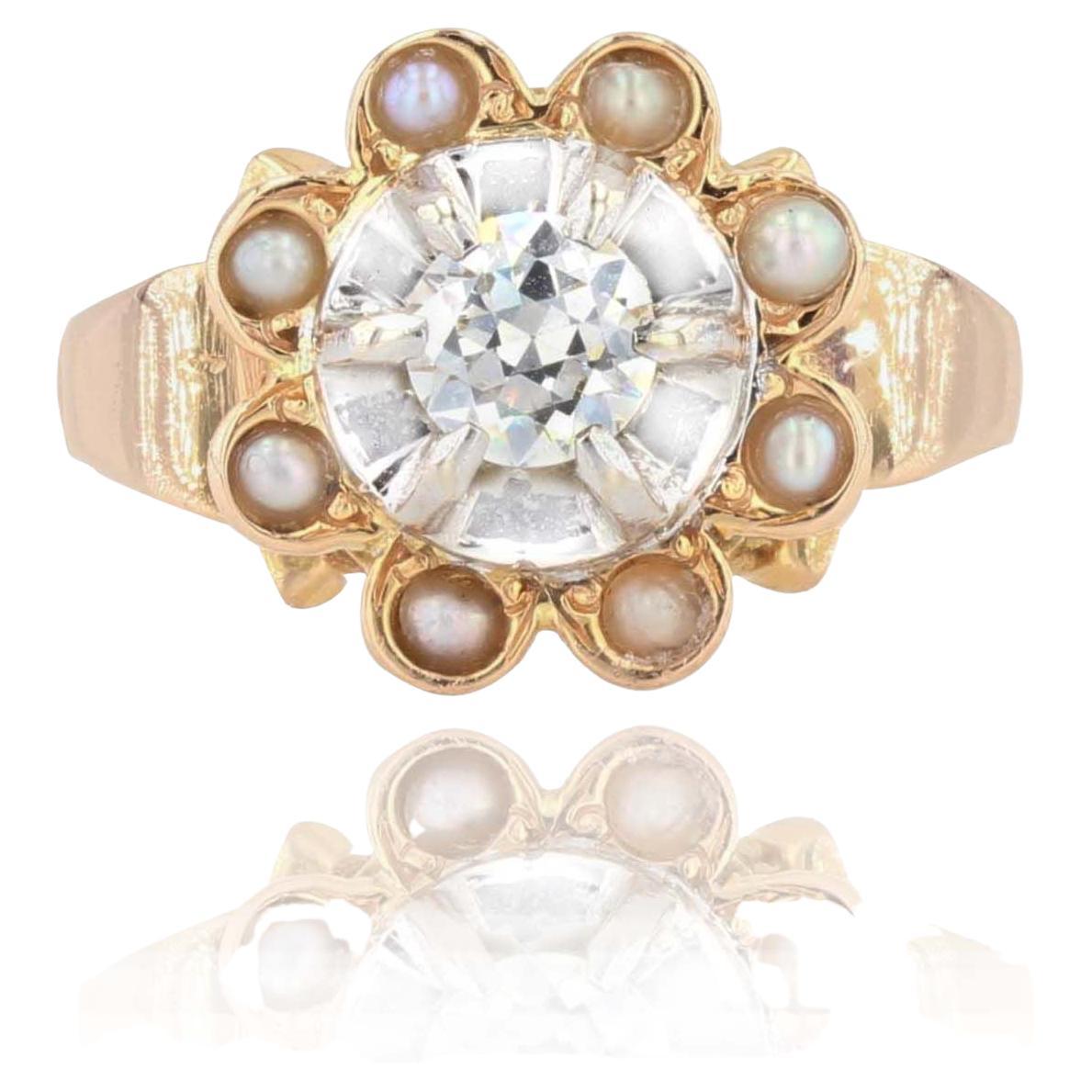 1960s Diamond Surrounded by Cultured Pearls 18 Karat Rose Gold Ring For Sale