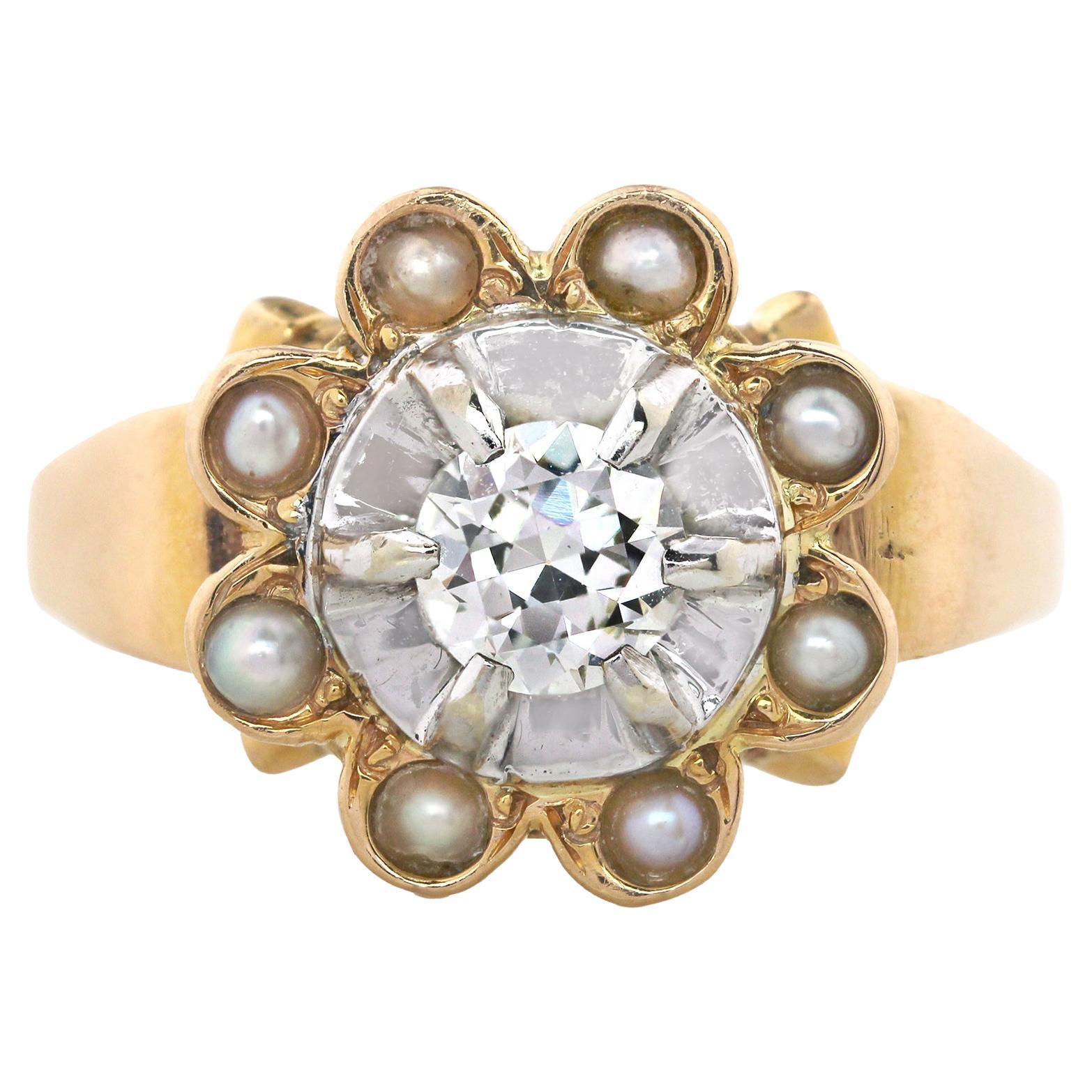 18 Karat Roségold Ring mit Diamanten umgeben von Zuchtperlen, 1960er Jahre