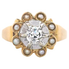 1960s Diamond Surrounded by Cultured Pearls 18 Karat Rose Gold Ring