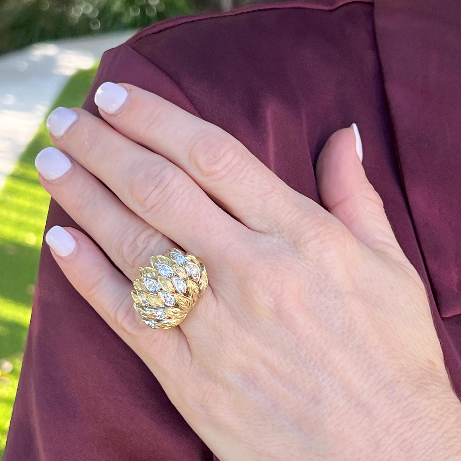Contemporary 1960s Diamond Textured 18 Karat Two Tone Gold Dome Estate Cocktail Ring  For Sale