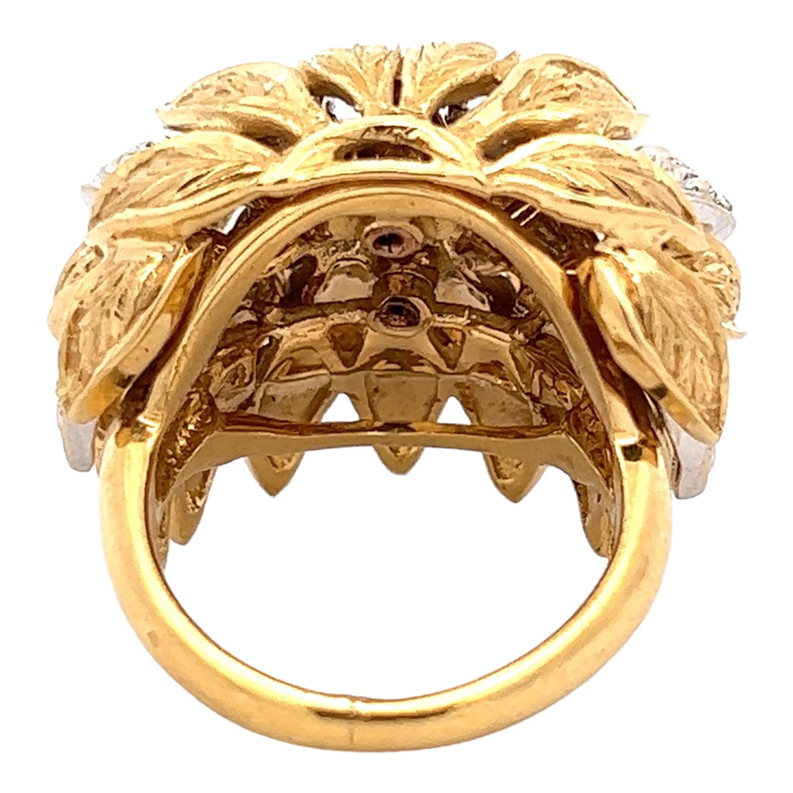 1960s Diamond Textured 18 Karat Two Tone Gold Dome Estate Cocktail Ring  For Sale 1