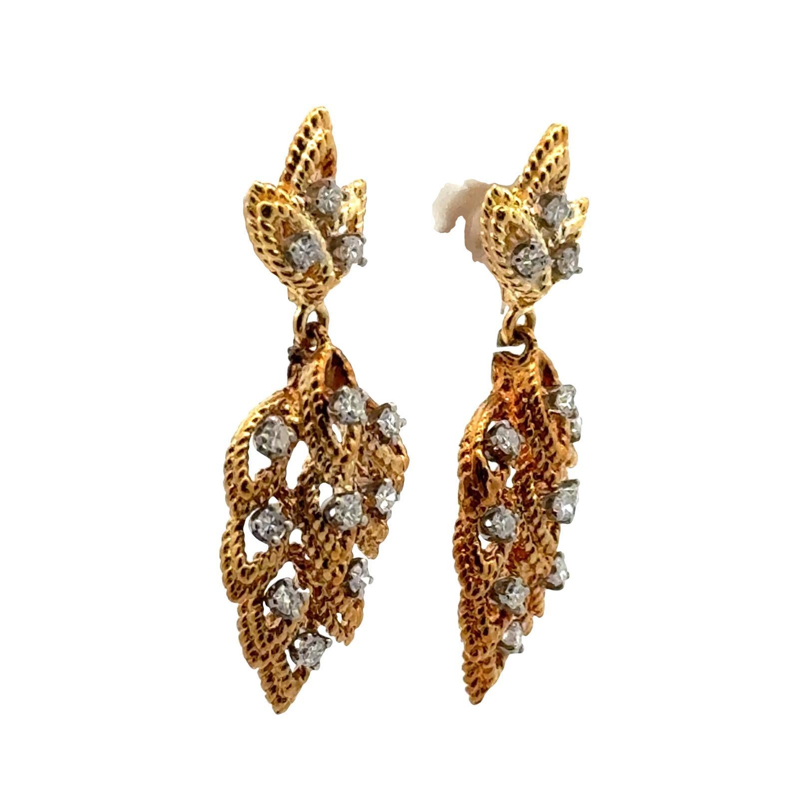 Modern 1960's Diamond Textured Leaf 14 Karat Yellow Gold Dangle Earrings For Sale