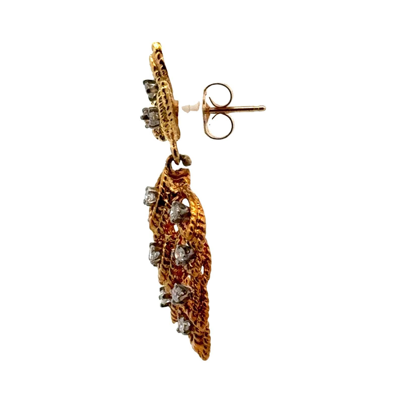 Round Cut 1960's Diamond Textured Leaf 14 Karat Yellow Gold Dangle Earrings For Sale