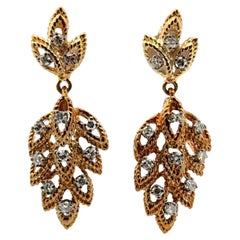 1960's Diamond Textured Leaf 14 Karat Yellow Gold Dangle Earrings