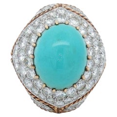 1960's Diamond Turquoise 18 Karat Yellow Gold Platinum Vintage Cocktail Ring