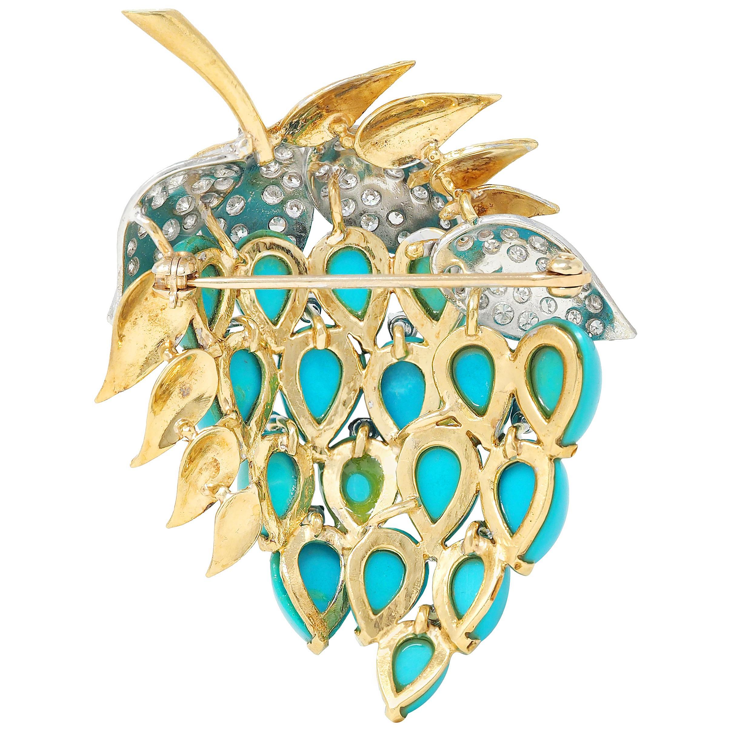 Taglio a goccia Spilla vintage con diamante e turchese in platino e oro giallo 18 carati degli anni '60 in vendita
