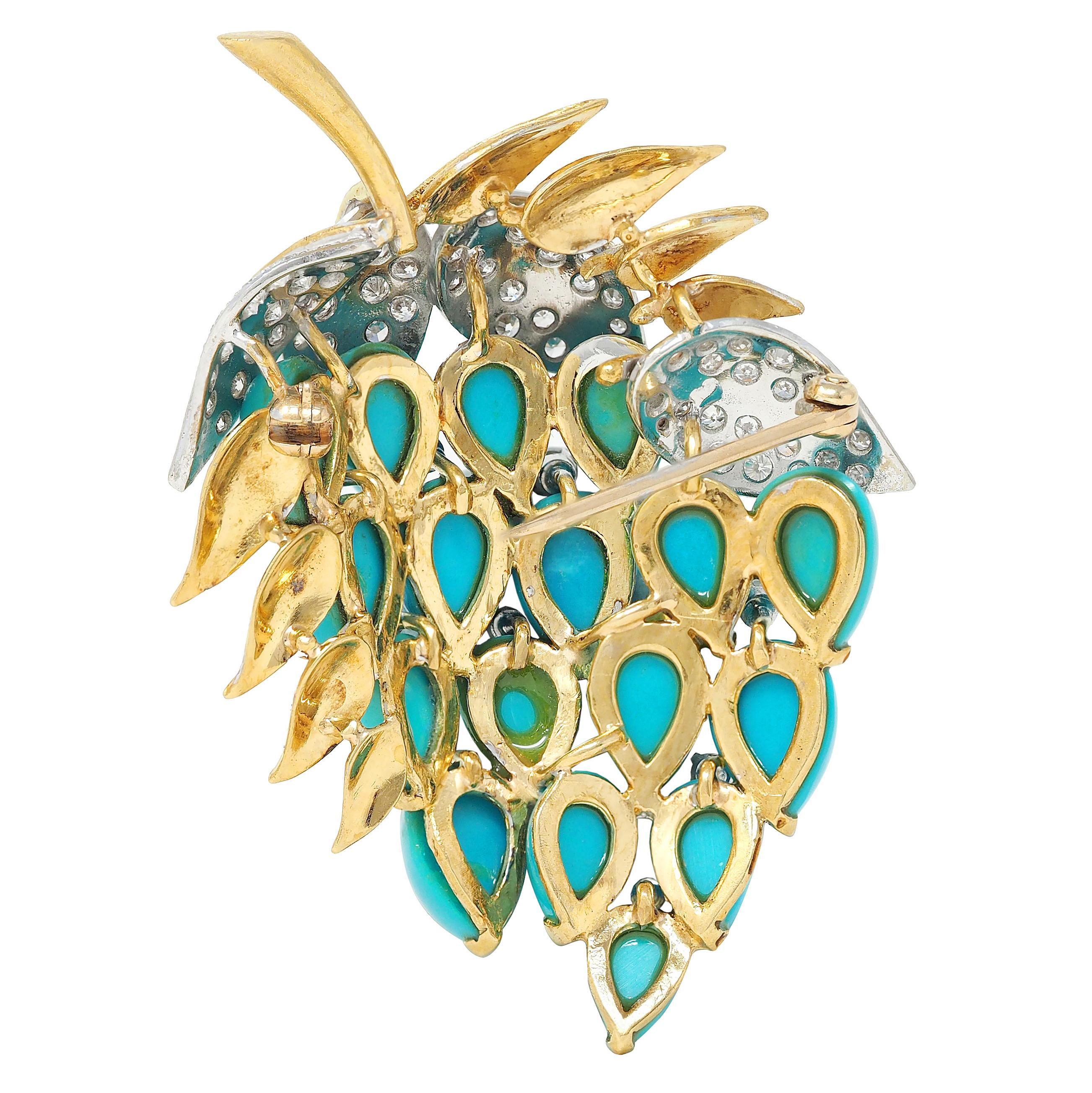 da uomo o donna Spilla vintage con diamante e turchese in platino e oro giallo 18 carati degli anni '60 in vendita