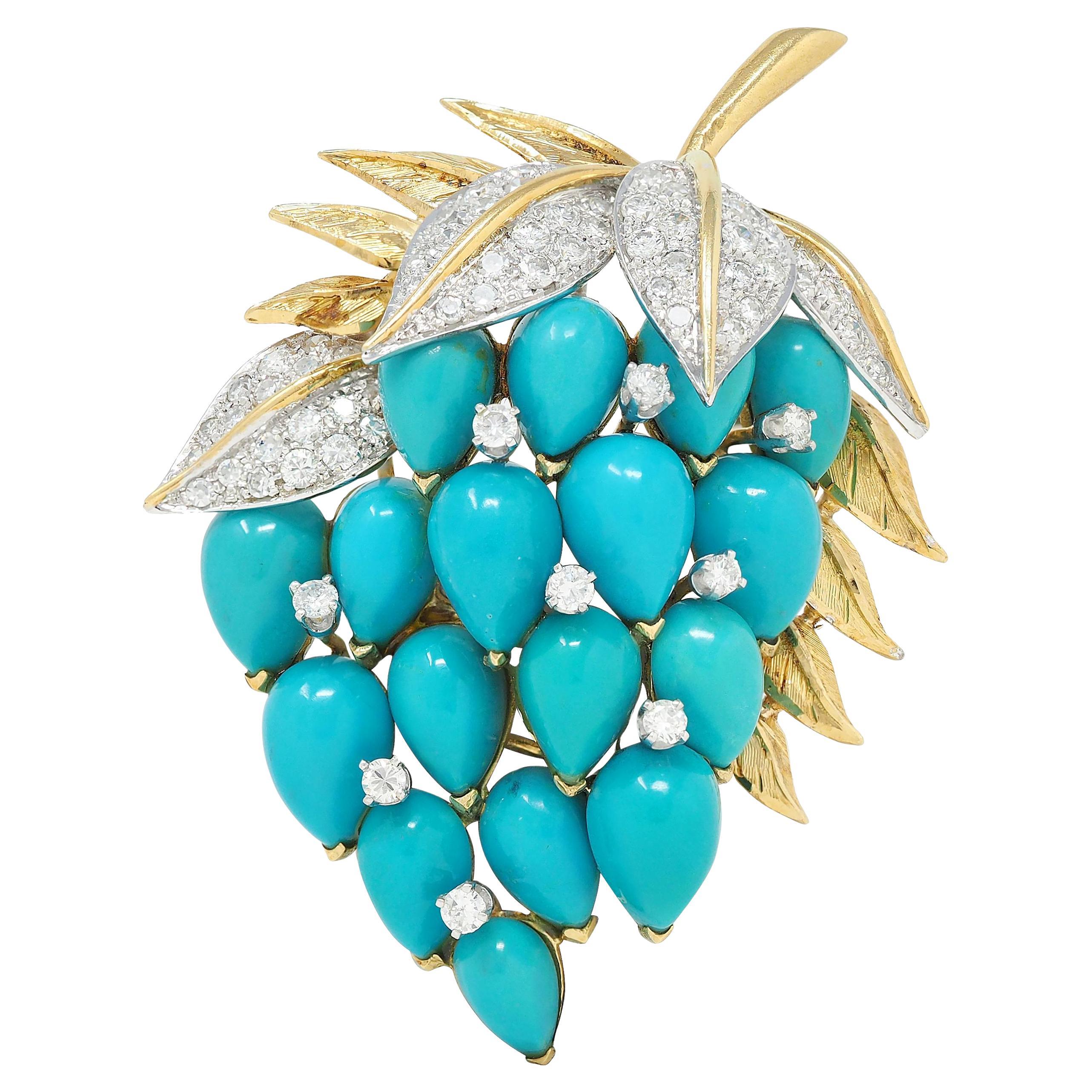 1960's Diamond Turquoise Platinum 18 Karat Yellow Gold Vintage Grape Brooch