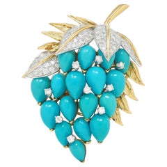 1960's Diamond Turquoise Platinum 18 Karat Yellow Gold Vintage Grape Brooch