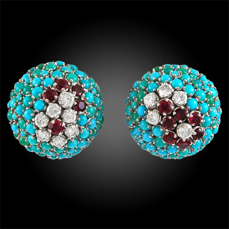 1960s Diamond, Turquoise, Ruby Bracelet and Earrings In Good Condition In New York, NY