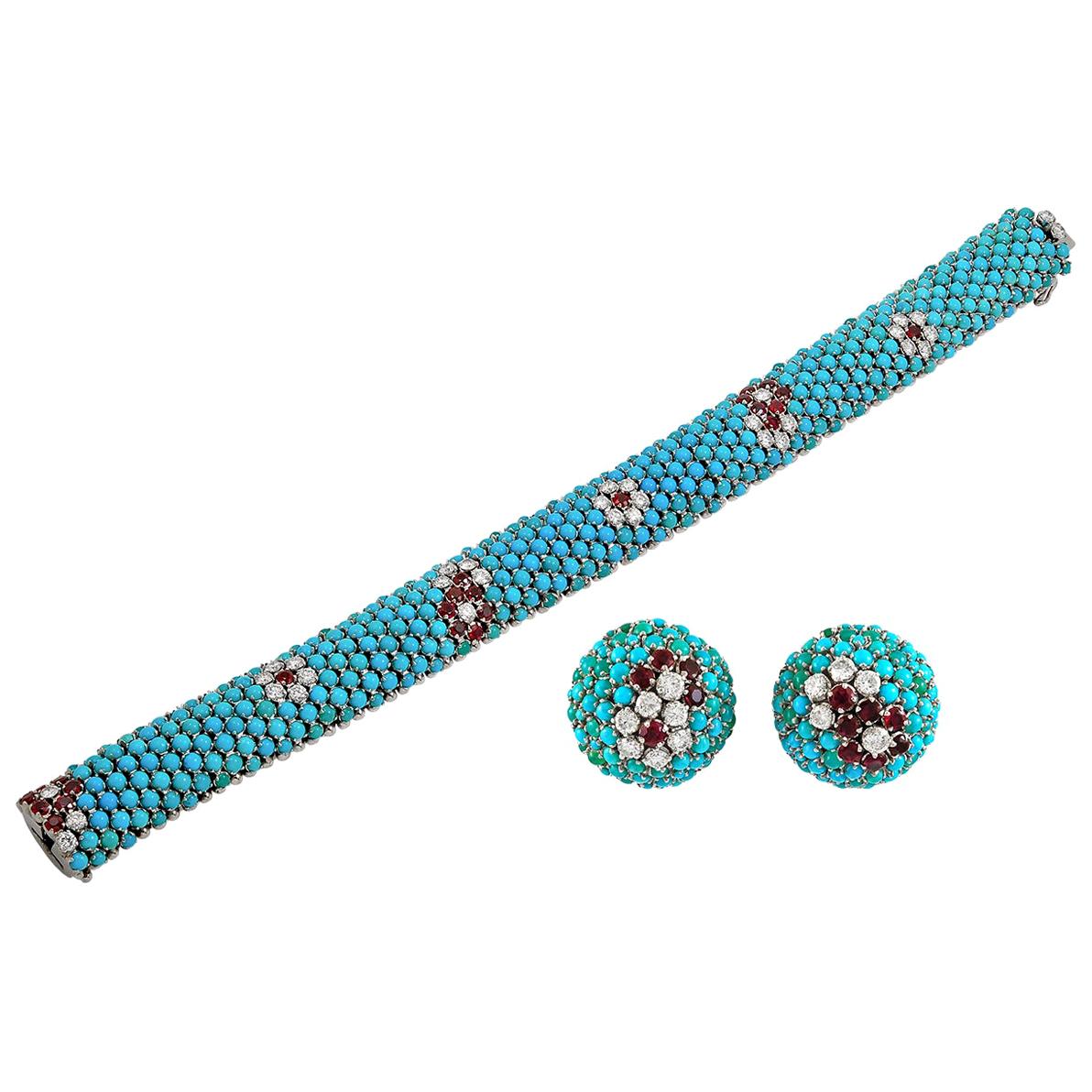 1960s Diamond, Turquoise, Ruby Bracelet and Earrings