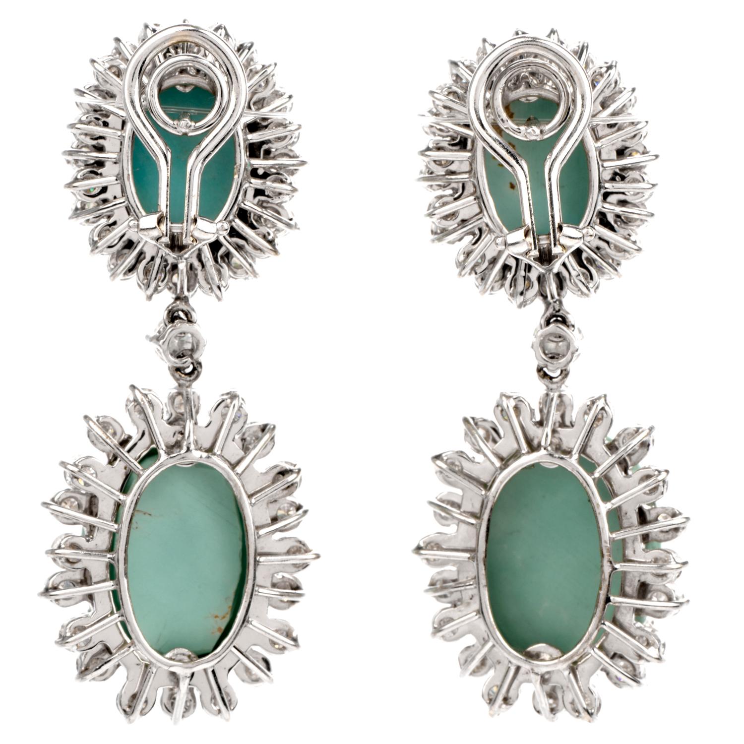 Women's 1960s Diamond Turquoise White Gold Dangle Drop Earrings 