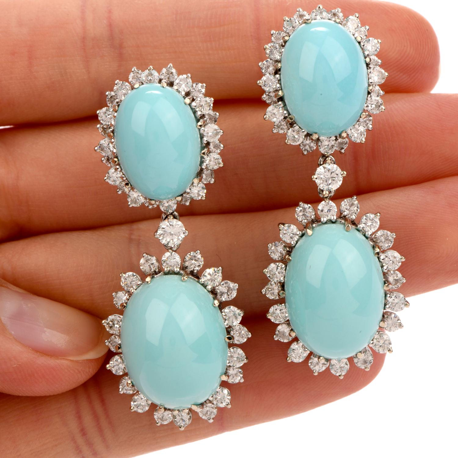 1960s Diamond Turquoise White Gold Dangle Drop Earrings  1