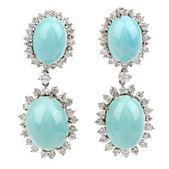 1960s Diamond Turquoise White Gold Dangle Drop Earrings