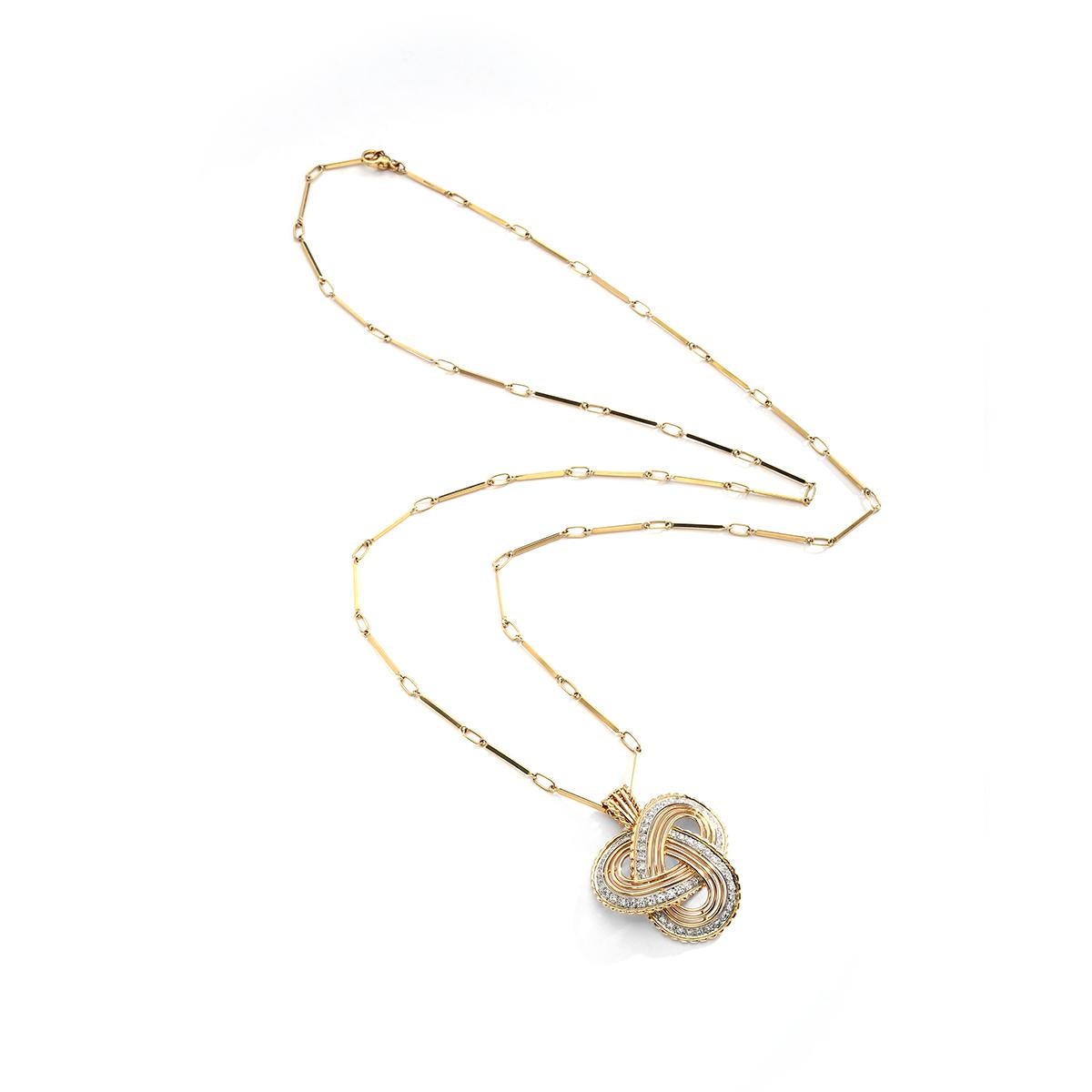1960S Diamond Yellow Gold  and Platinum Pendant on Gold Sautoir Chain Necklace.

Pendant total height: 1.57 inch (4.00 centimeters).
Pendant total width: 1.38 inch (3.50 centimeters).
Total weight: 24.86 grams.

Former collection of a French
