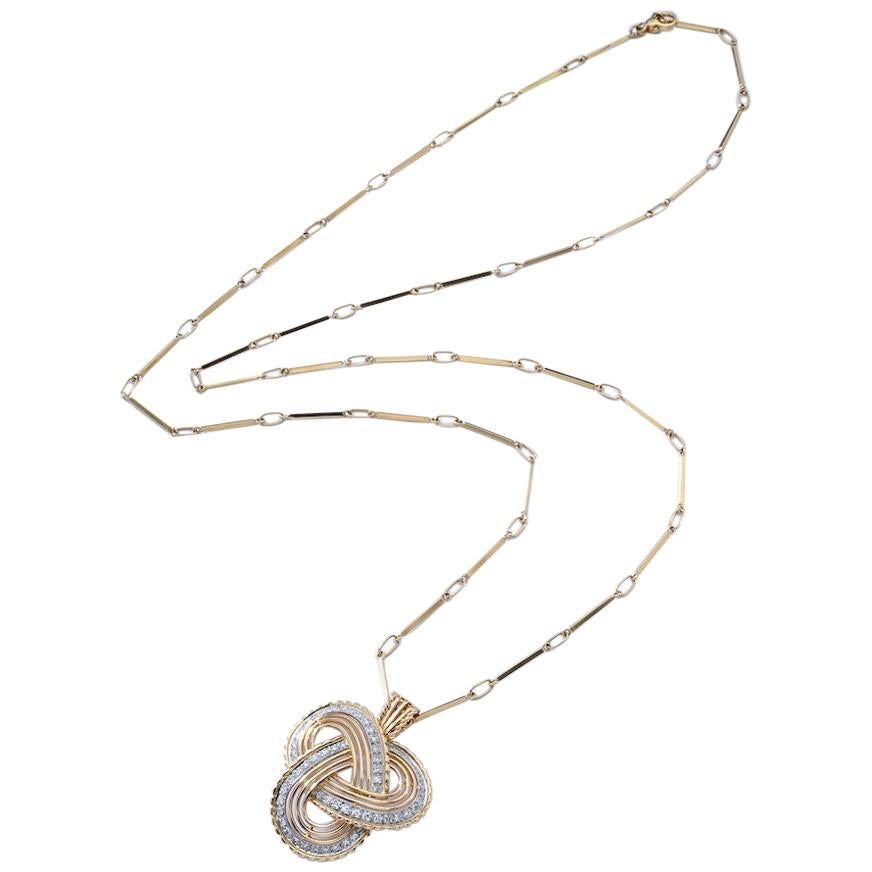 1960s Diamond Yellow Gold Platinum Pendant on Sautoir Chain Necklace