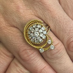 1960's Diamond Yellow Gold Swirl Rope Design Vintage Cocktail Ring