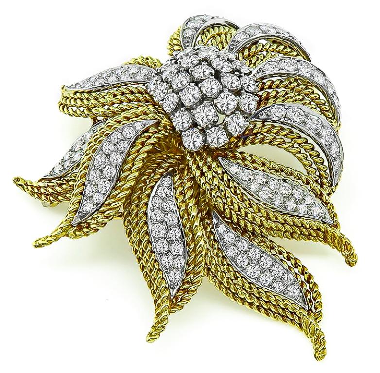 Round Cut 1960s Diamond Yellow White Gold Pin or Brooch
