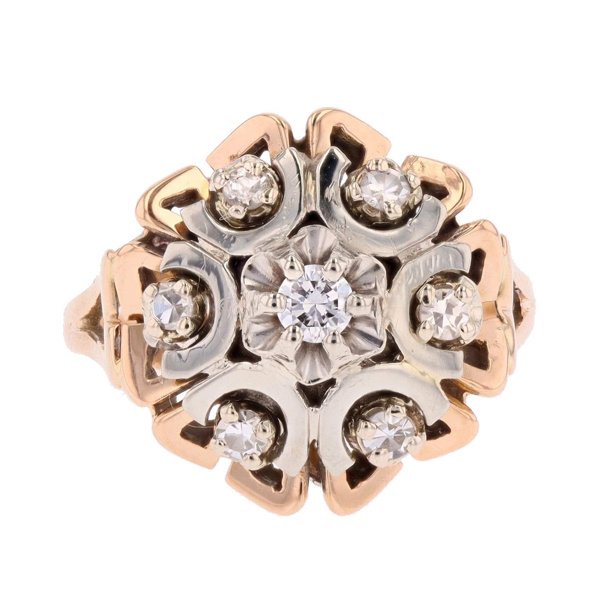 1960s Diamonds 18 Karat White and Rose Gold Flower Ring