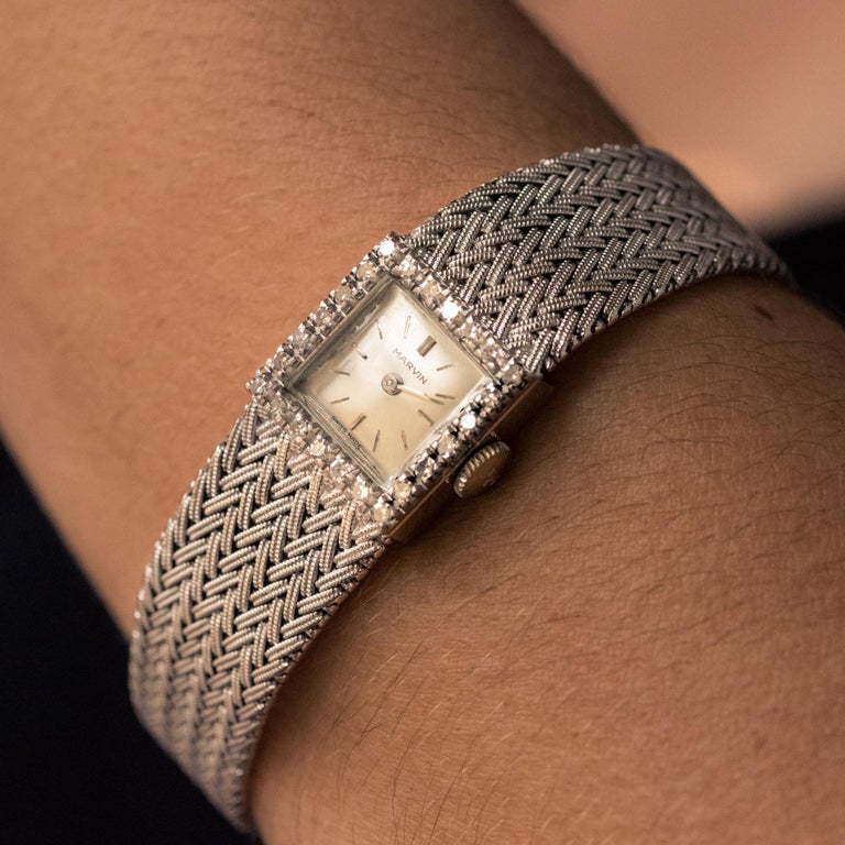 NOS Marvin Ladies Diamond Stainless Steel Watch 1960s Diamonds 18 Karat White Gold Ladies Marvin Watch at  main image 3