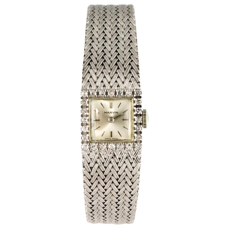 NOS Marvin Ladies Diamond Stainless Steel Watch 1960s Diamonds 18 Karat White Gold Ladies Marvin Watch at  main image 2