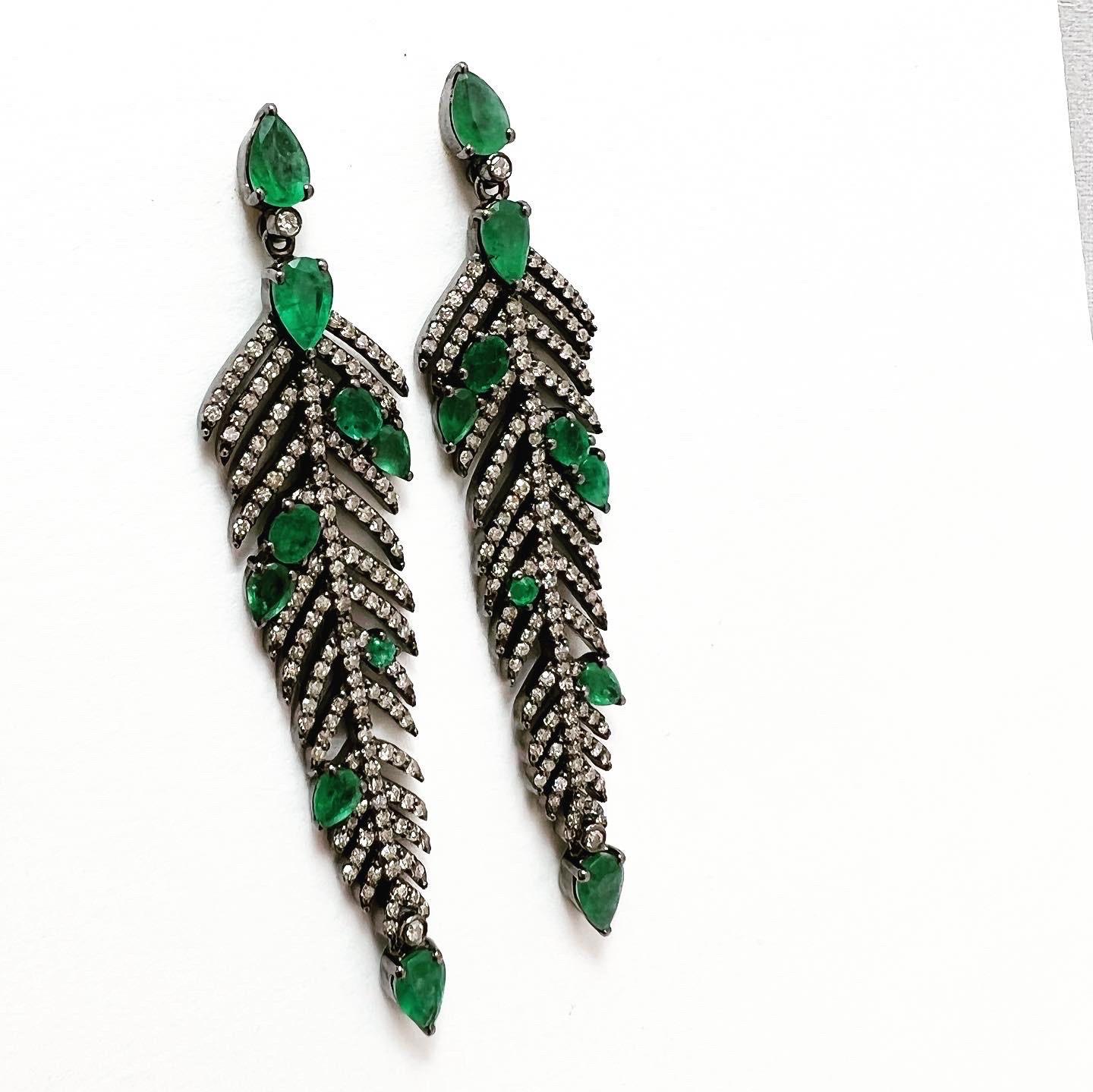Modern 1960s Diamonds Emeralds 18k Yellow Gold Silver Stud Tear Feather Long Earrings