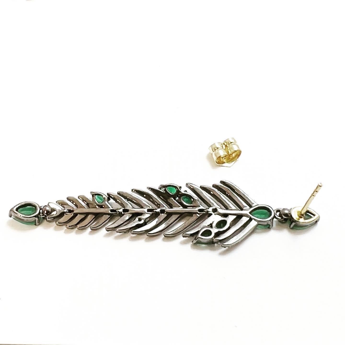 Brilliant Cut 1960s Diamonds Emeralds 18k Yellow Gold Silver Stud Tear Feather Long Earrings