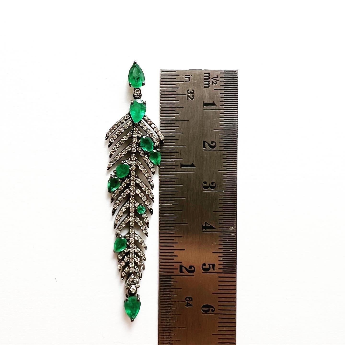 Women's or Men's 1960s Diamonds Emeralds 18k Yellow Gold Silver Stud Tear Feather Long Earrings