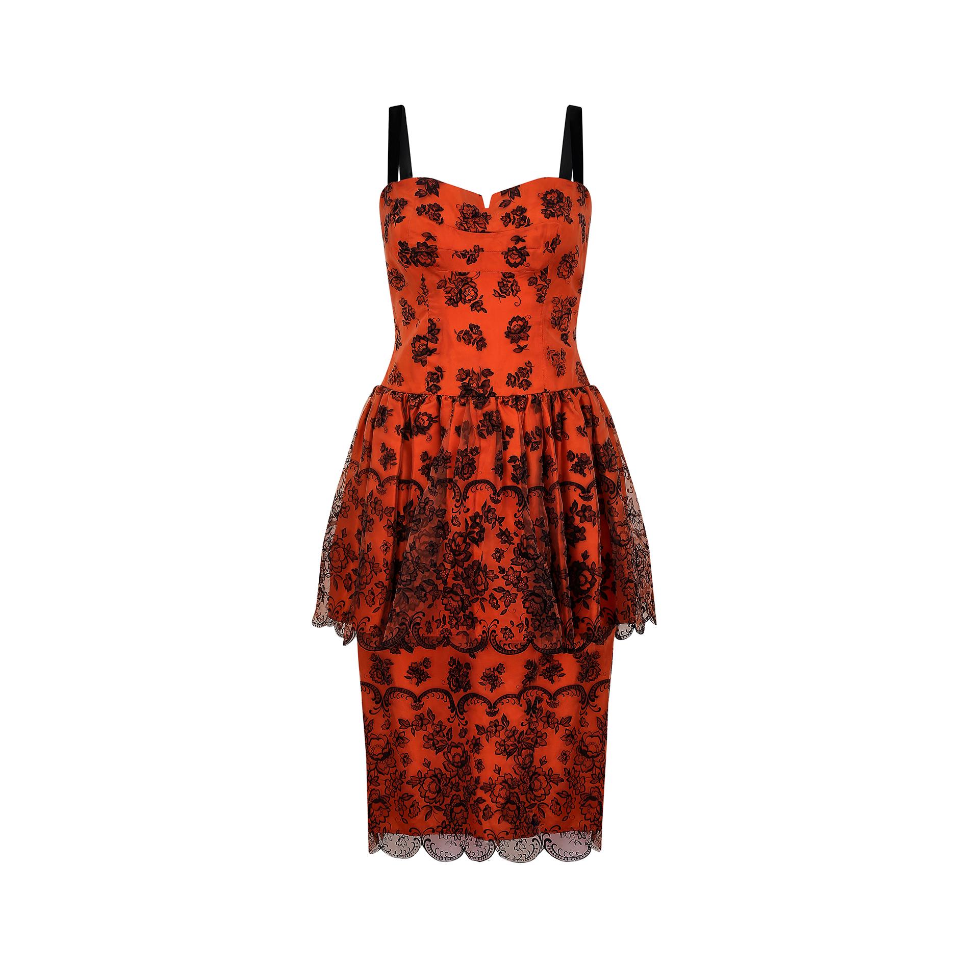 1960s orange and black flock print dress by 